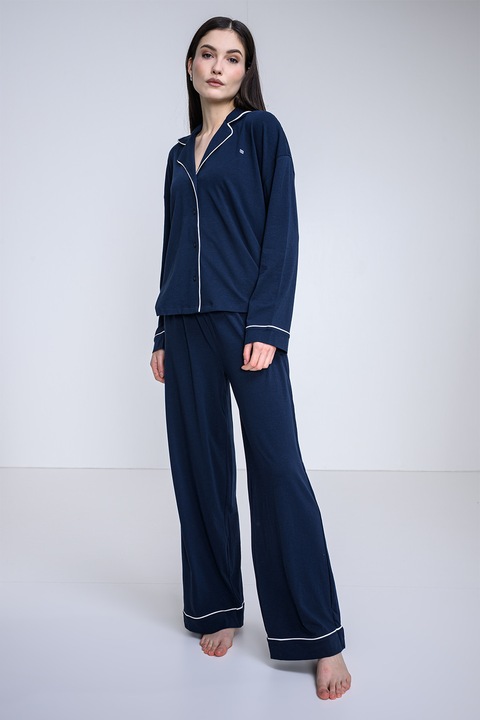 Tommy Hilfiger, Pijama din amestec de modal si bumbac organic cu pantaloni lungi, Bleumarin