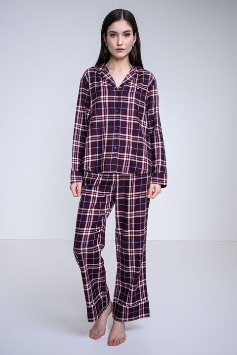 Tommy Hilfiger, Pijama cu pantaloni lungi si model in carouri, Visiniu/Albastru deschis