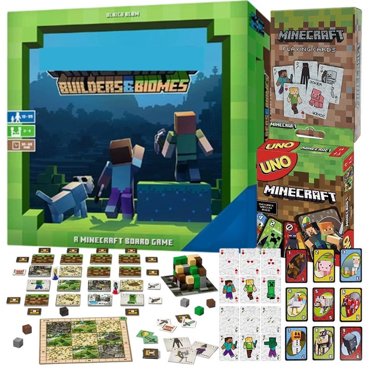 Set jocuri de societate Minecraft: Builders&Biomes, Poker, UNO, 8+ ani, multicolor