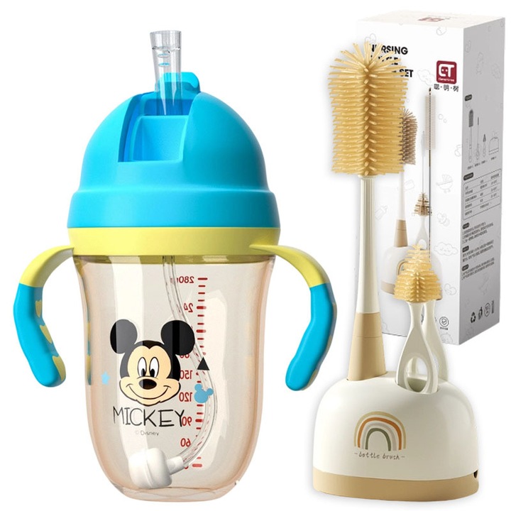 Set Pahar cu Pai Disney Mickey Mouse pentru Copii + Perie de Curatare | Material PPSU Incasabil, Anti-Scurgere | Maner si Marcaje de Masurare | Pahar cu Pai pentru Bebelusi/Pahar cu Apa pentru Copii Mici | Include Perie pentru Pai si Perie pentru Tetina