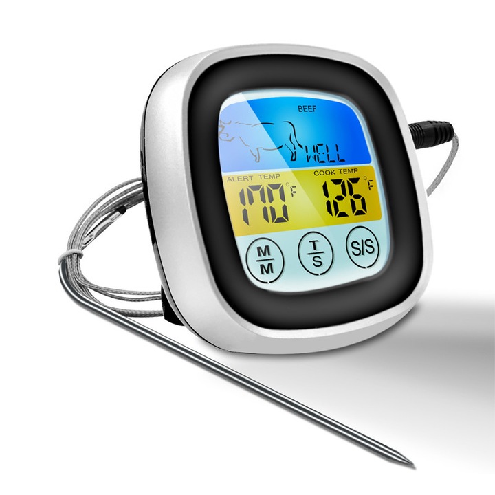 Termometru digital pentru cuptor, potrivit pentru utilizare in bucatarie/alimentar, citiri rapide in 1 secunda, sonda din otel inoxidabil, cu functie de cronometru si alarma, ecran tactil, argintiu