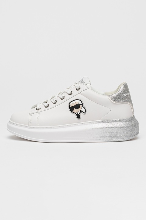 Karl Lagerfeld, Kapri csillámos talpú bőrsneaker, Fehér/Ezüstszín