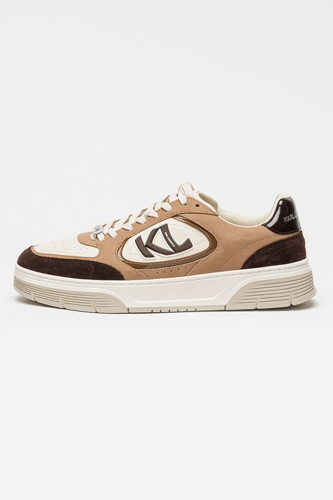 Karl Lagerfeld, Pantofi sport low-cut din piele si piele intoarsa, Maro camel/Crem