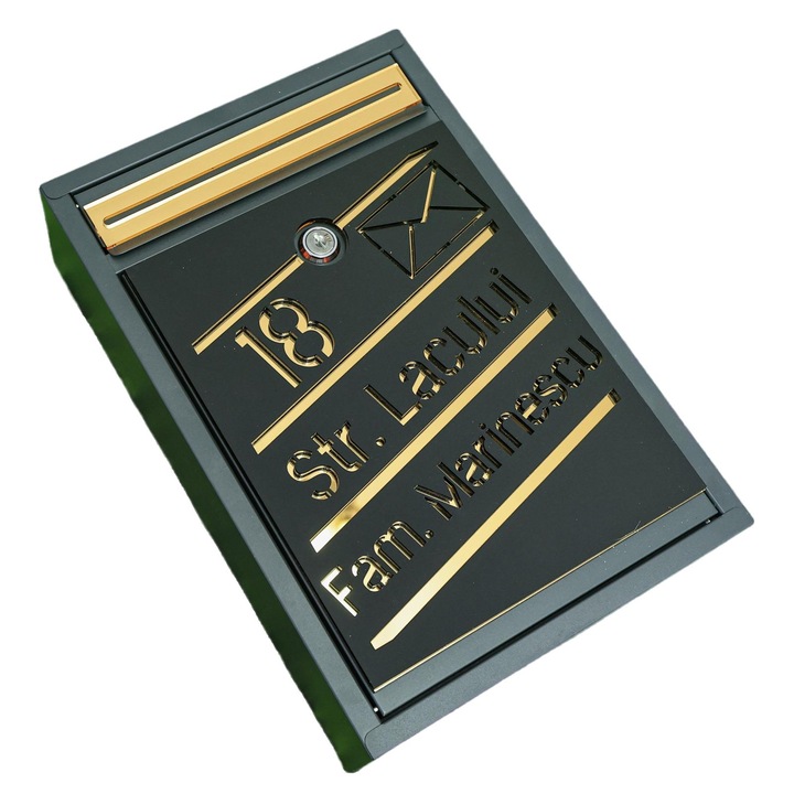 Cutie Poștală Luxury, Negru Satinat/Auriu, 32x22x9cm, din oțel zincat, include 2 chei, holsuruburi și dibluri pentru montaj