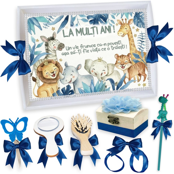 Set Tava pentru Taiere Mot si Rupere Turta Complet cu Accesorii Lorebebe pentru baieti, 7 Piese, Tavita Mot Alba, Model Happy Zoo, 32x24 cm, Prima Aniversare Un An, Cadou Un An, Albastru