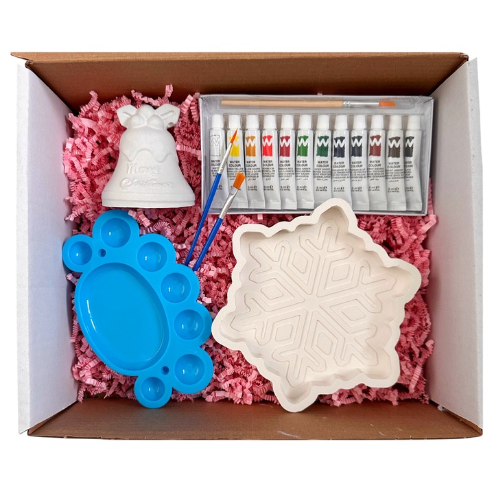 Set pictura figurine ipsos Craciun - Fulg de Nea si Clopotel 3D cu accesorii de pictat