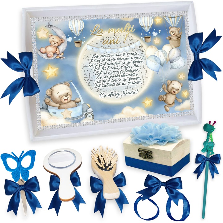 Set Tava pentru Taiere Mot si Rupere Turta Complet cu Accesorii Lorebebe pentru baieti, 7 Piese, Tavita Mot Alba, Model Nori si Ursuleti, 32x24 cm, Prima Aniversare Un An, Cadou Un An, Albastru