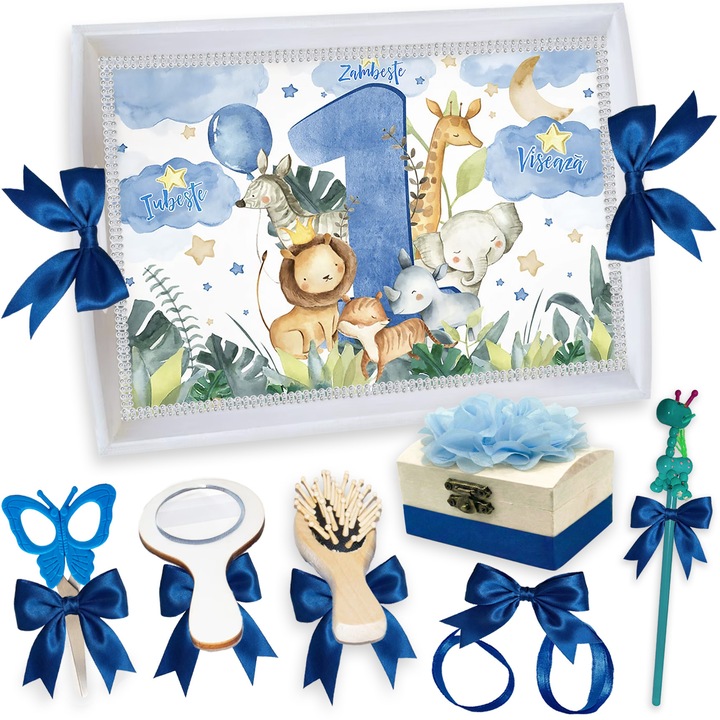 Set Tava pentru Taiere Mot si Rupere Turta Complet cu Accesorii Lorebebe pentru baieti, 7 Piese, Tavita Mot Alba, Model Numarul Unu, 32x24 cm, Prima Aniversare Un An, Cadou Un An, Albastru