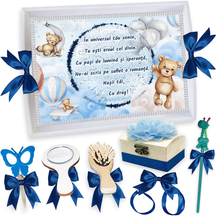 Set Tava pentru Taiere Mot si Rupere Turta Complet cu Accesorii Lorebebe pentru baieti, 7 Piese, Tavita Mot Alba, Model Ursuleti Pufosi, 32x24 cm, Prima Aniversare Un An, Cadou Un An, Albastru