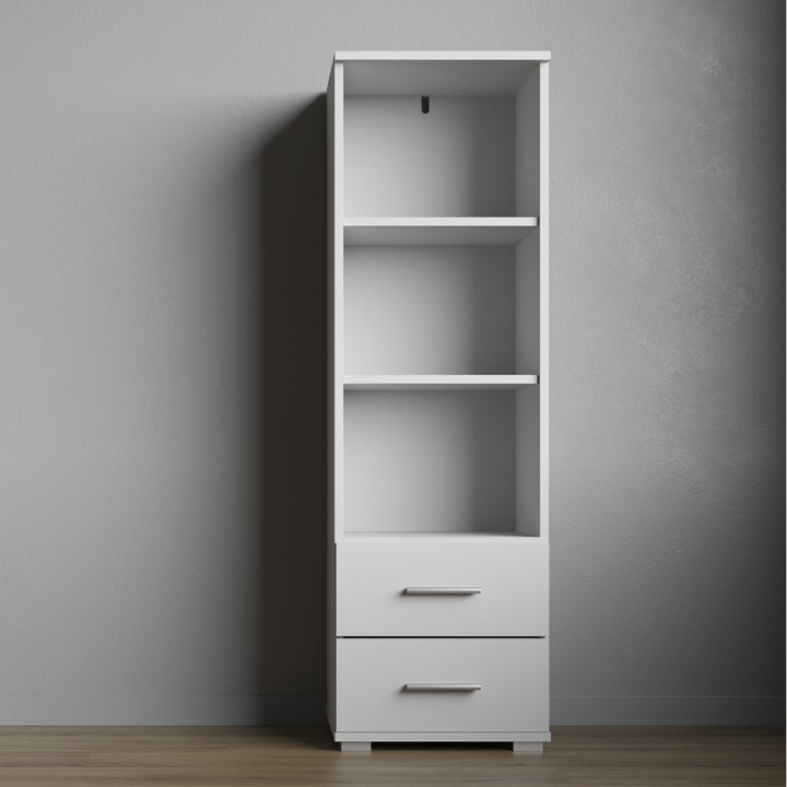 Biblioteca FAUSKE Komodee, 2 sertare, rafturi deschise, PAL melaminat, 130 x 40 x 34 cm, Alb