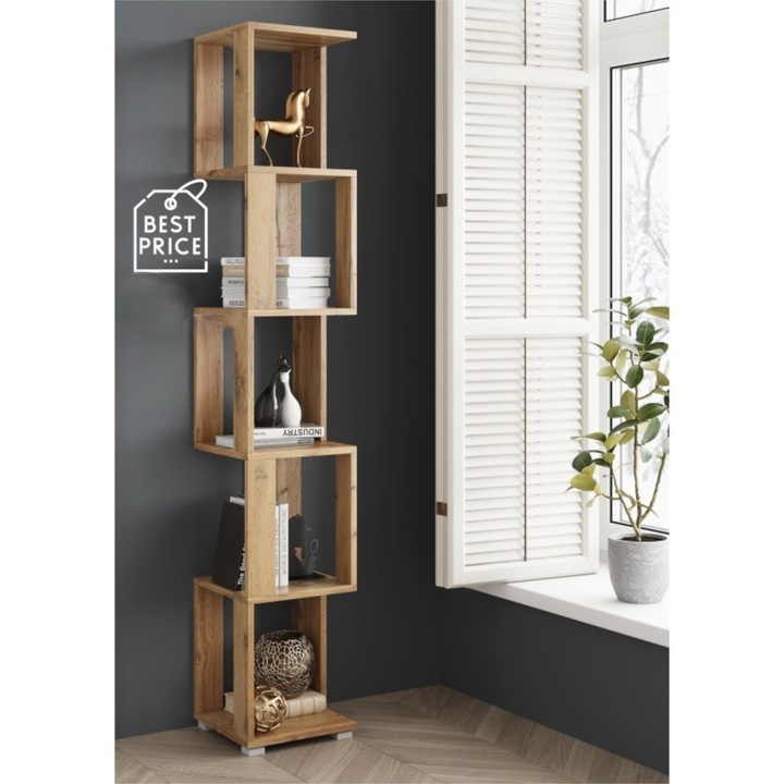 Biblioteca SOLA Komodee, rafturi deschise, pentru living/dormitor, PAL melaminat, 168 x 29 x 29 cm, Stejar Wotan