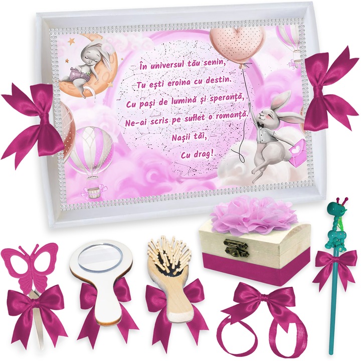 Set Tava pentru Taiere Mot si Rupere Turta Complet cu Accesorii Lorebebe pentru fete, 7 Piese, Tavita Mot Alba, Model Iepuras In Cer, 32x24 cm, Prima Aniversare Un An, Cadou Un An, Roz