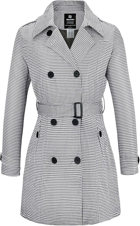 Trench Coat pentru Femei, Elegant si Impermeabil, cu Curea Reglabila, Buzunare Adanci si Inchidere cu Doua Randuri de Nasturi – Ideal pentru Primavara, Toamna si Iarna, Model in Carouri Negru cu ALb, Negru | Alb