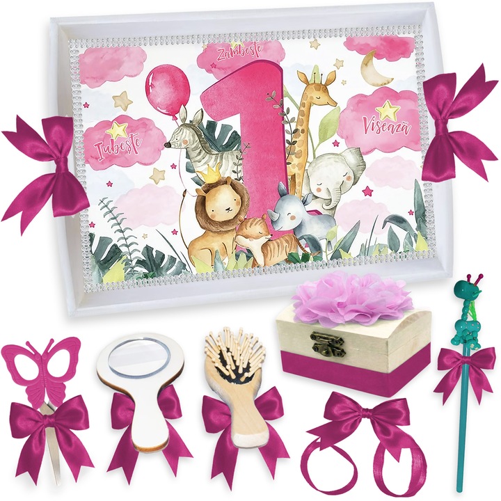 Set Tava pentru Taiere Mot si Rupere Turta Complet cu Accesorii Lorebebe pentru fete, 7 Piese, Tavita Mot Alba, Model Numarul Unu, 32x24 cm, Prima Aniversare Un An, Cadou Un An, Roz