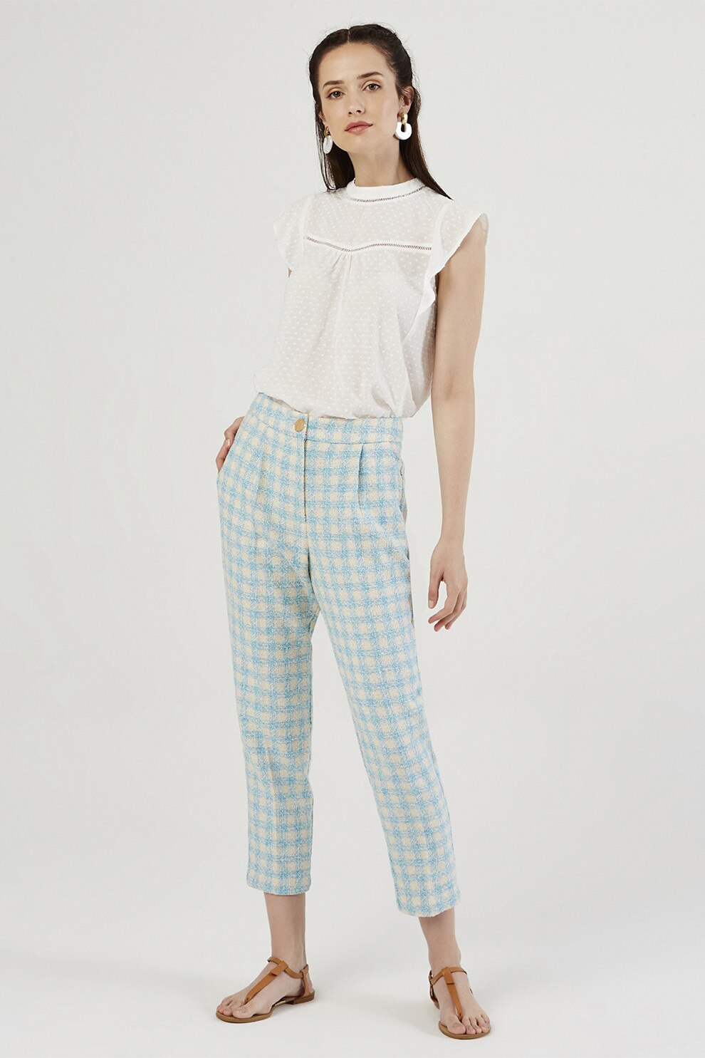 Just Like You, Pantaloni conici cu model in carouri, Turcoaz, Alb murdar, 34