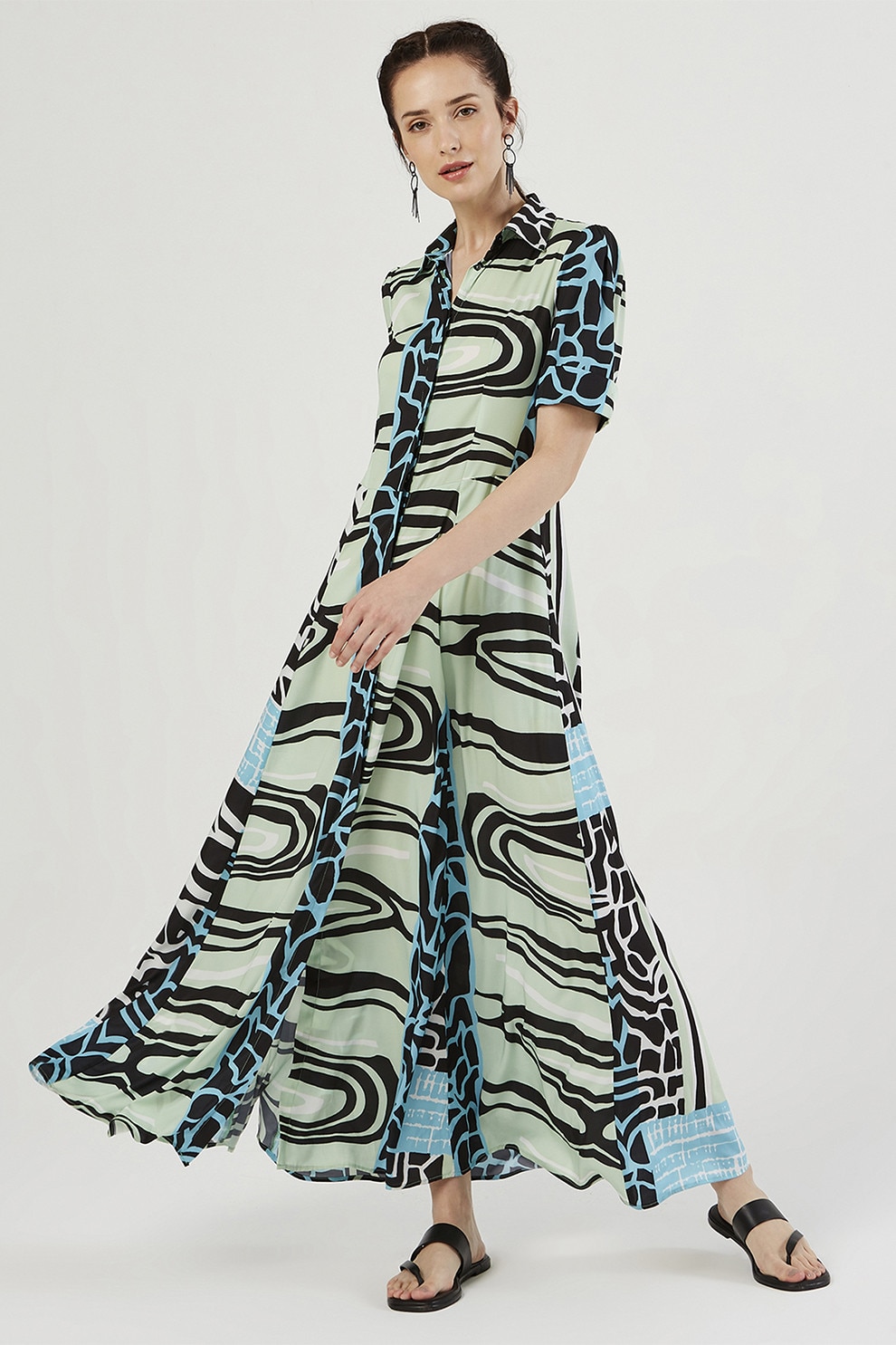 Just Like You, Rochie-camasa cu croiala evazata si buzunare, Verde pal, Albastru, Negru, 38