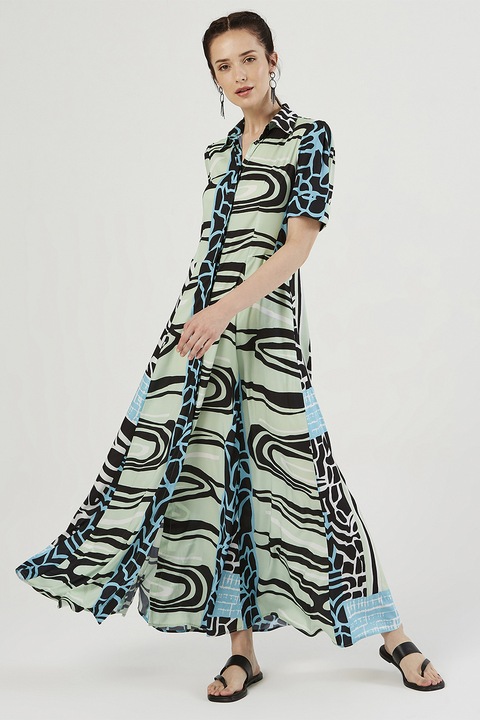 Just Like You, Rochie-camasa cu croiala evazata si buzunare, Negru/Verde pal/Albastru