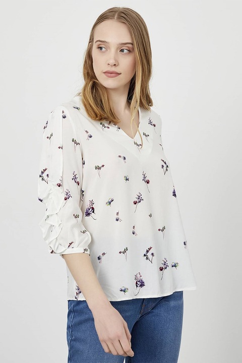 Just Like You, Bluza cu maneci medi si model floral, Alb/Verde/Violet