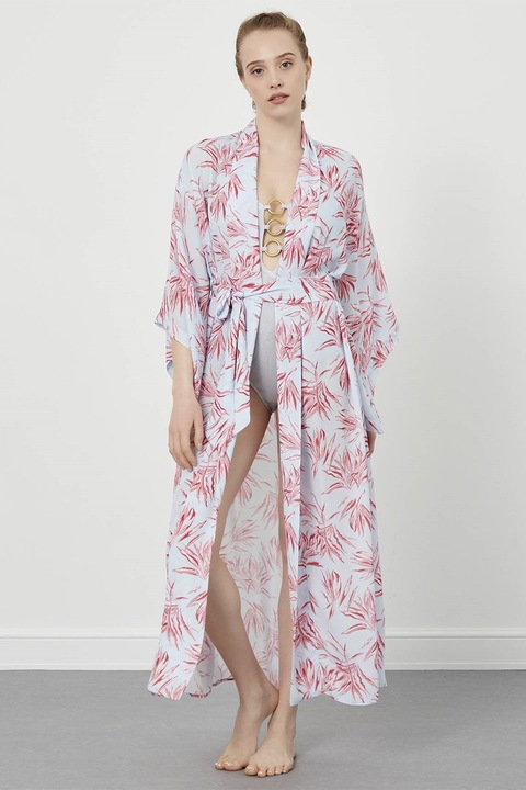 Just Like You, Kimono lung cu model floral, Rosu stins/Albastru deschis, 40