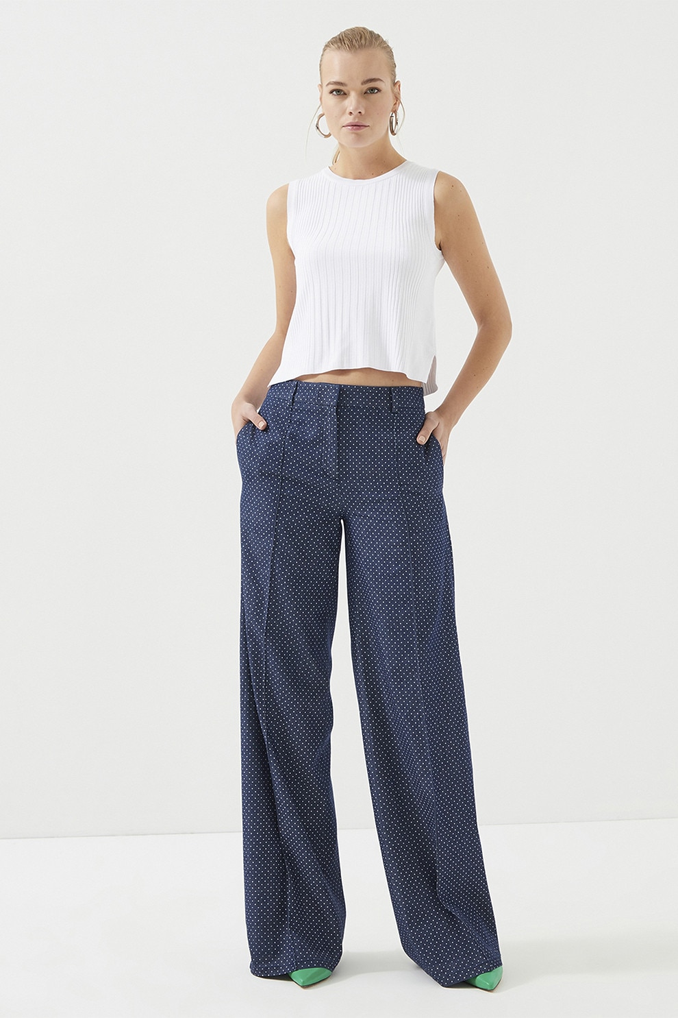 Just Like You, Pantaloni cu croiala ampla si buline, Bleumarin, 36