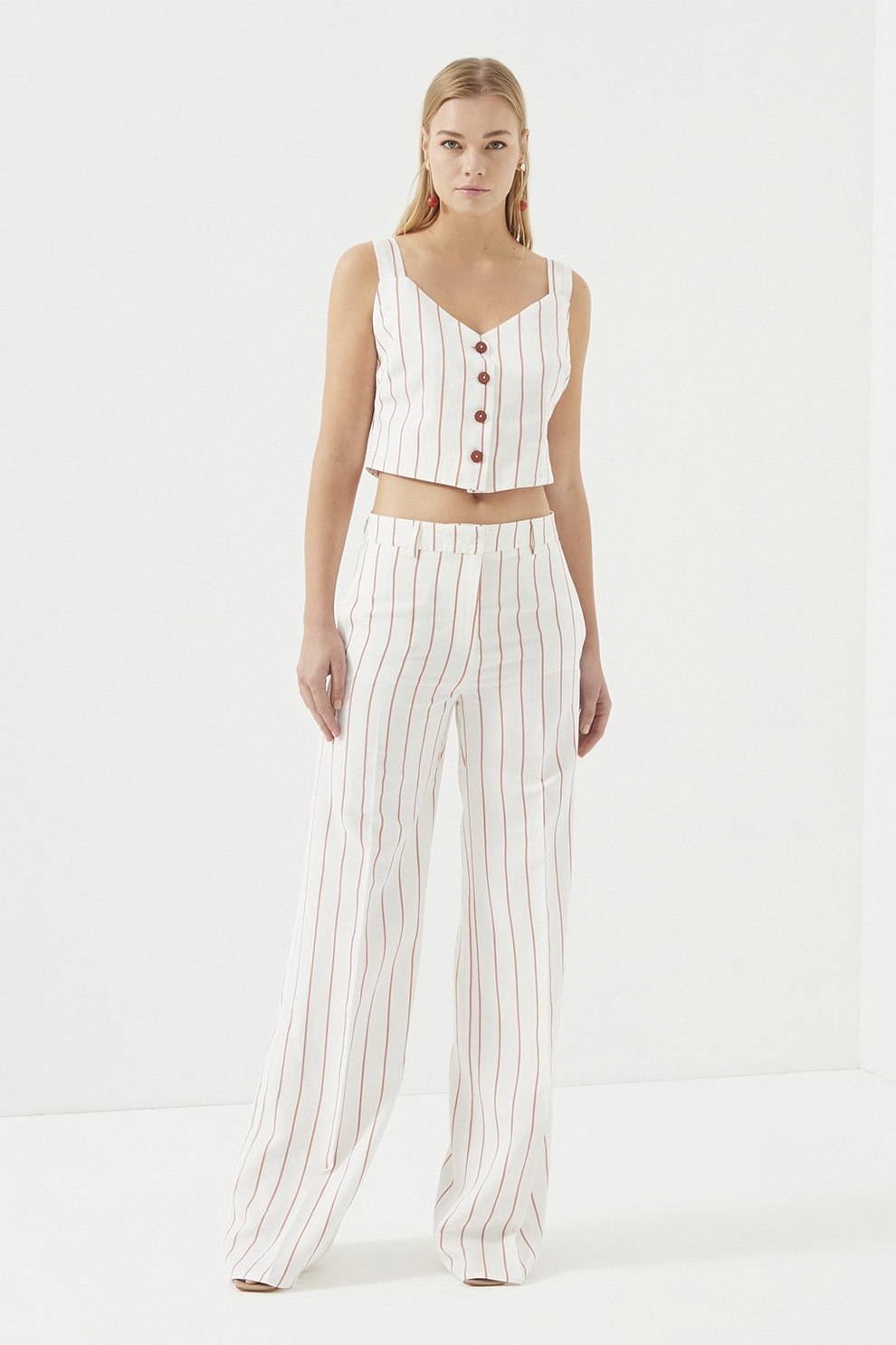 Just Like You, Pantaloni drepti cu dungi, Alb, Coral, 36