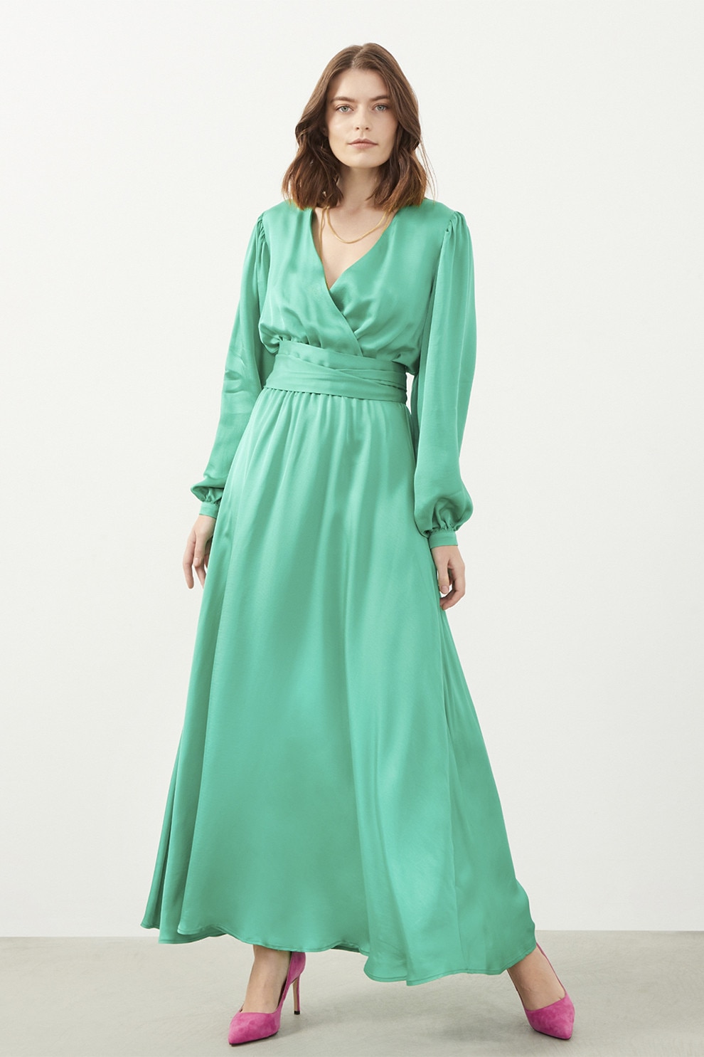 Just Like You, Rochie maxi din bumbac cu maneci bufante, Verde deschis, 34