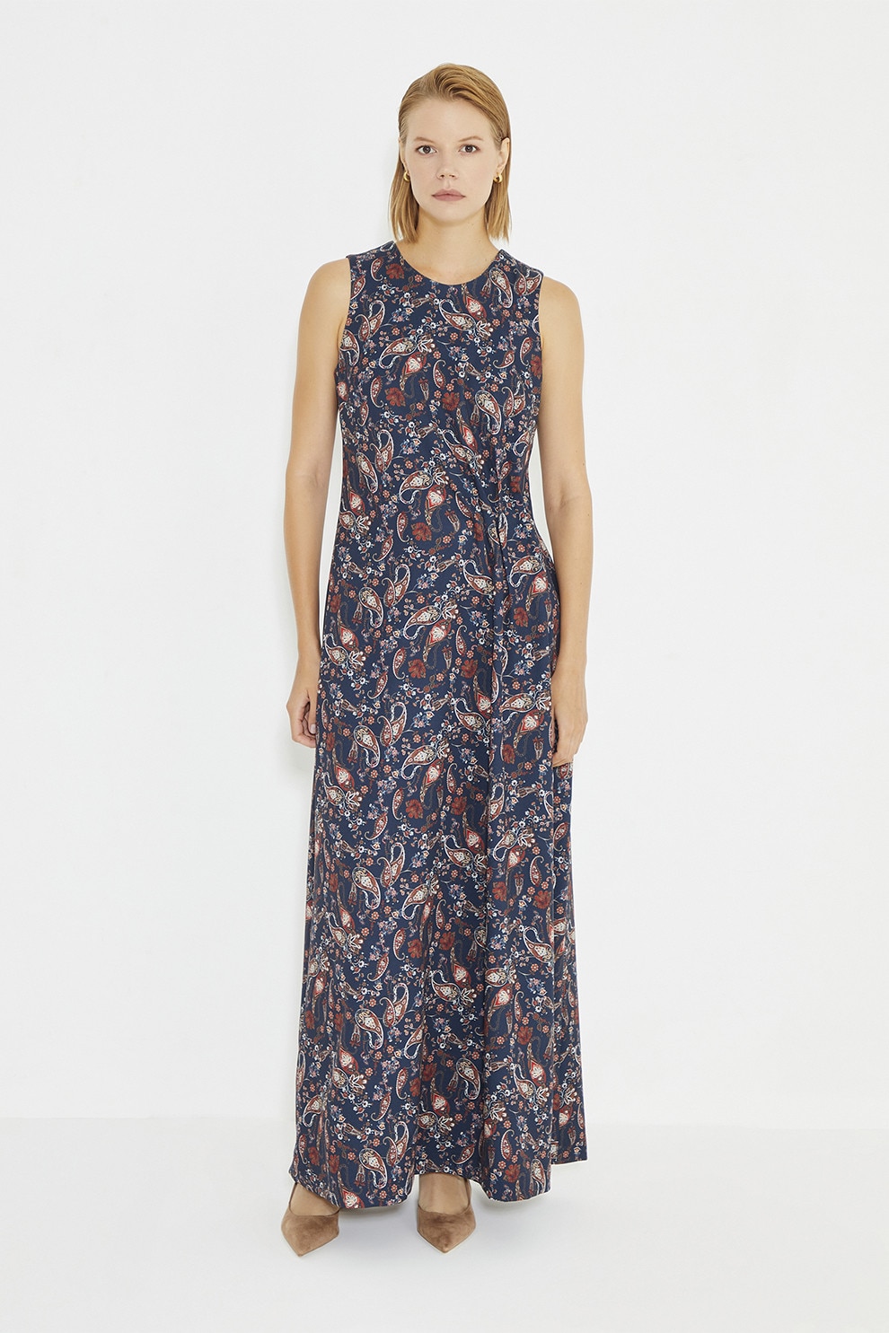 Just Like You, Rochie maxi cu model paisley, fara maneci, Rosu, Alb, Bleumarin, 34
