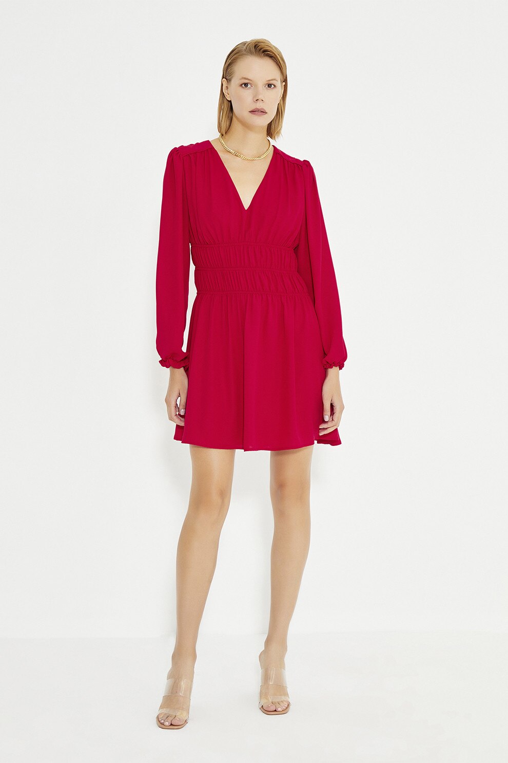 Just Like You, Rochie scurta cu decolteu si talie transparenta, Rosu vermillion, 34