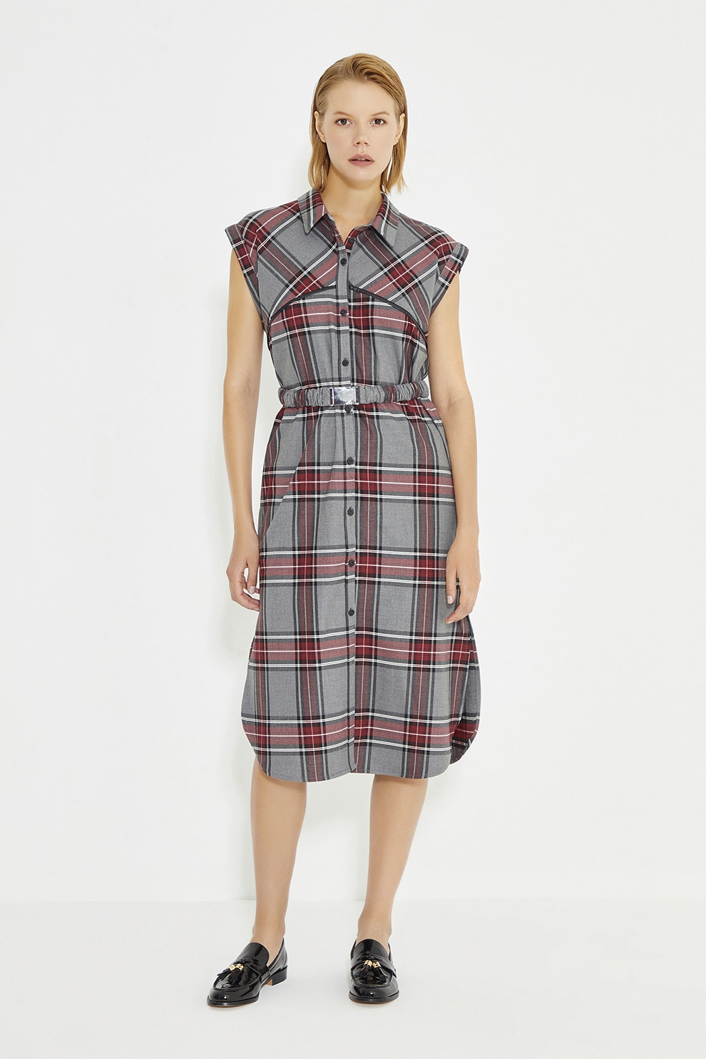 Just Like You, Rochie-camasa cu buzunare laterale si model in carouri, Rosu inchis, Gri, 36