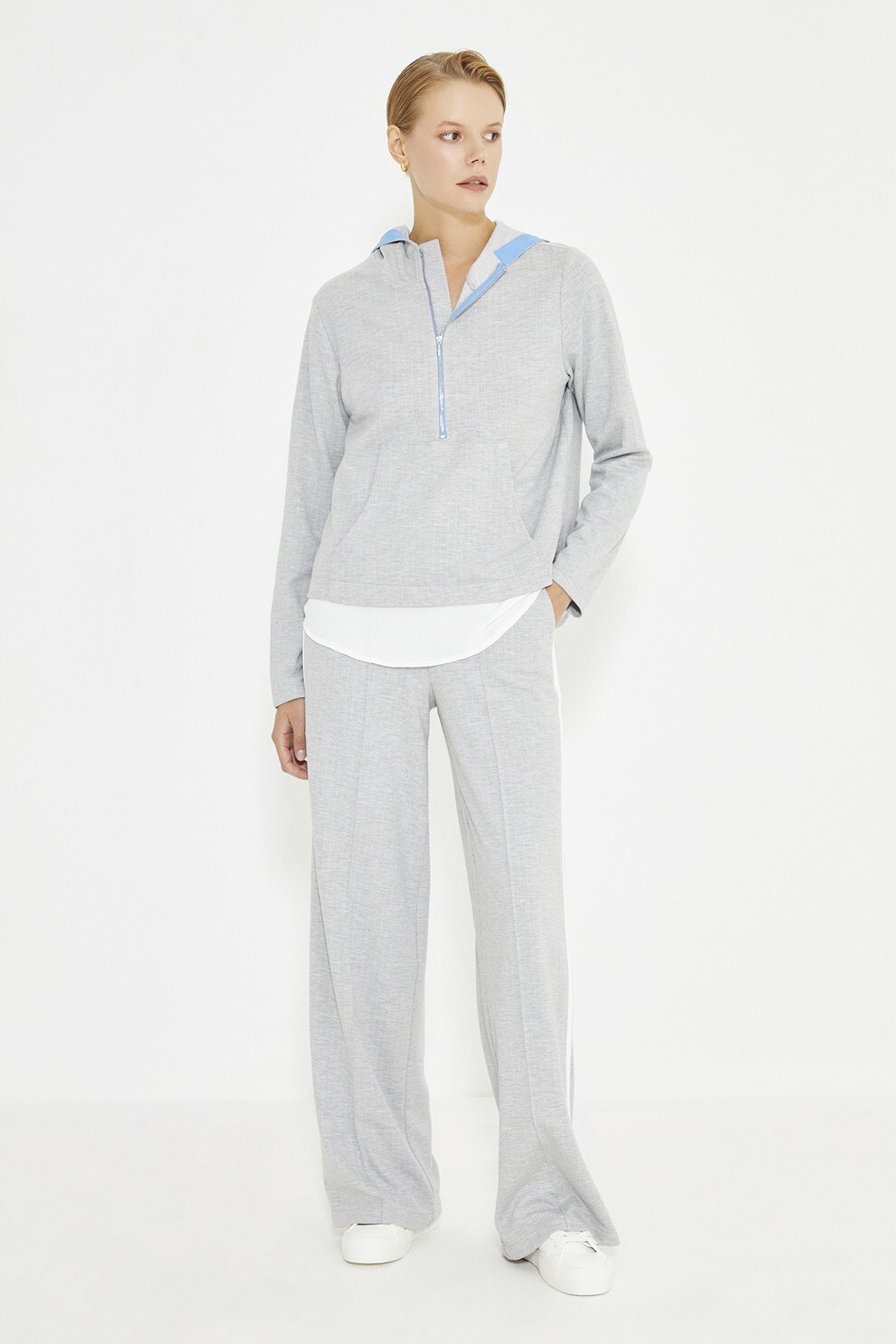 Just Like You, Pantaloni de trening relaxed-fit cu croiala dreapta si talie inalta, Gri deschis melange, 38