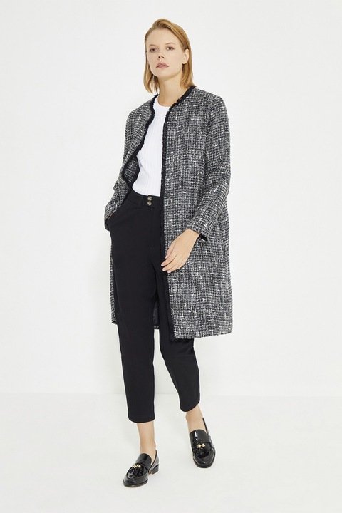 Just Like You, Palton cu model herringbone si aspect texturat, fara inchidere, Alb/Negru