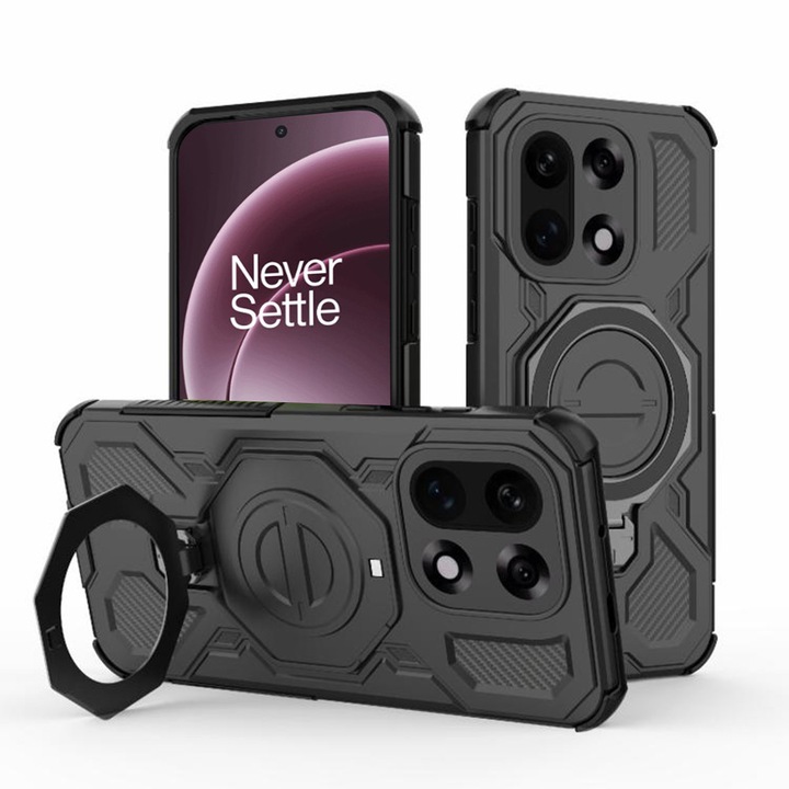 Husa pentru OnePlus 15 HybridView Rugged cu inel suport 360°, Protectie Airbag transparent - negru