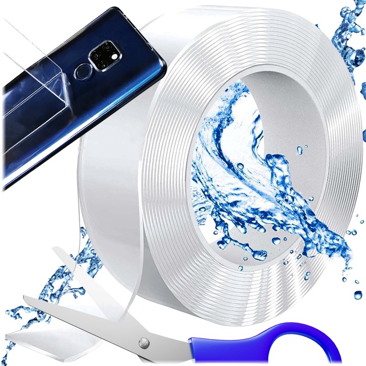 Banda adeziva, ACS, nano, 3m, 30mm, fata-verso, reutilizabila, transparenta, 5m intr-un set, material: gel, usor de taiat, usor de dezlipit, nu lasa