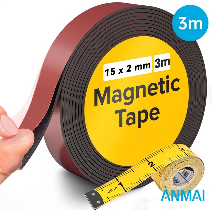Гъвкава магнитна лента със силно лепило, Anmai, 3м - За хладилник, бяла дъска, DIY проекти и занаяти - Дебелина 2мм, ширина 1.5см, Черна