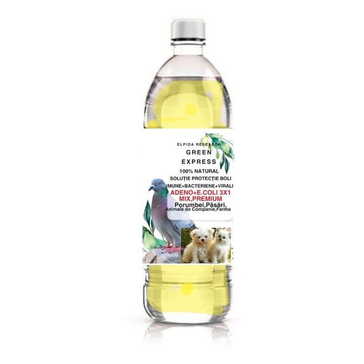 Supliment nutritiv Green Express Protectia in Boli IMUNE, BACTERIENE, VIRAL, ADENO+E.COLI, 3X1 MIX, PREMIUM, 0.1 L, galben-maro deschis, destinat porumbeilor, pasarilor, animalelor de companie si ferma