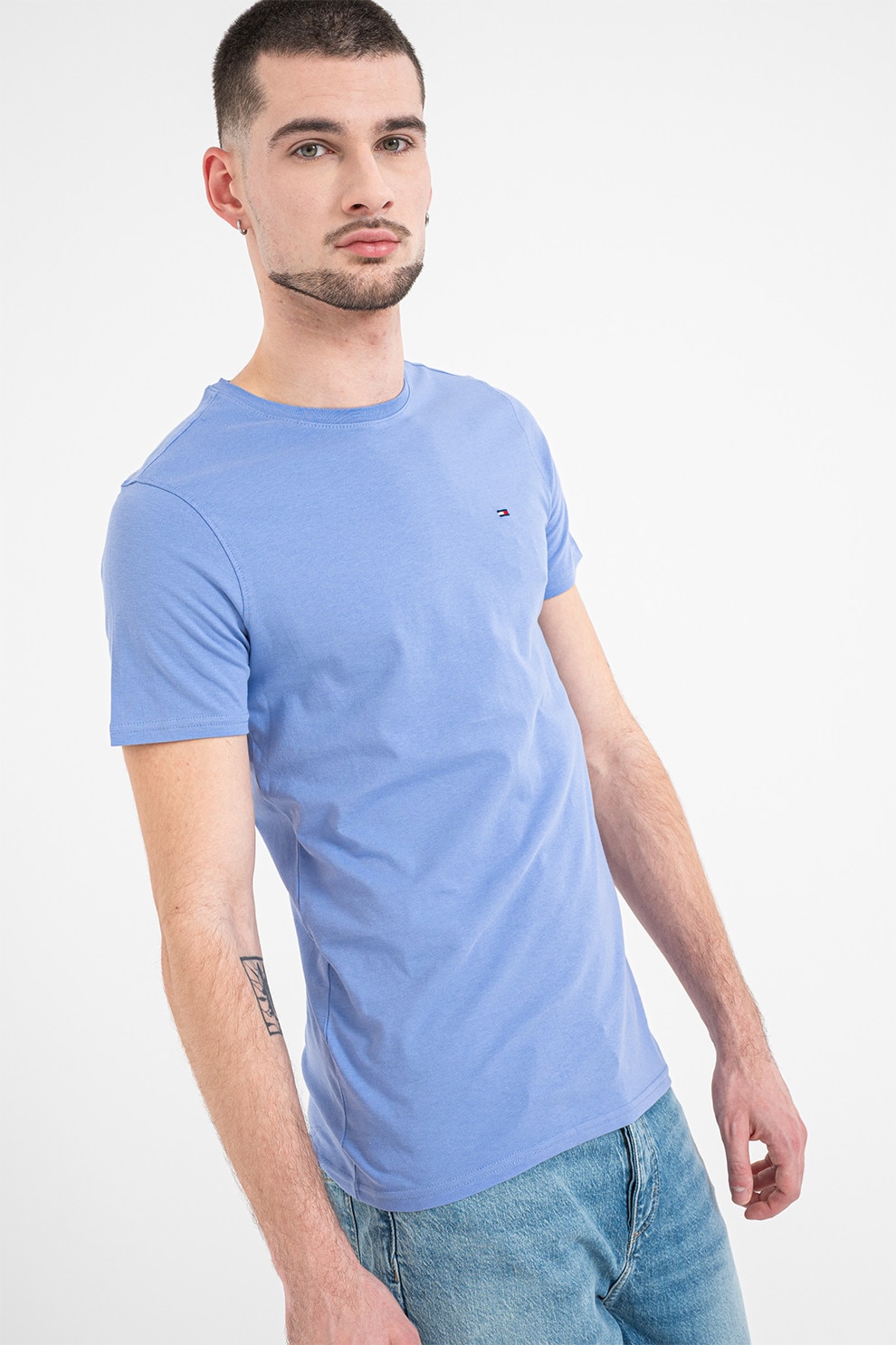 Tommy Jeans, Tricou slim fit de bumbac, Albastru deschis, S
