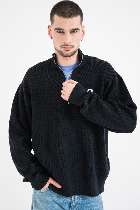 CALVIN KLEIN JEANS, Kötött pulóver cipzáros nyakkivágással, Fekete, L