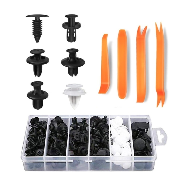 100 db-os univerzális karosszéria rögzítő készlet, több méretben, 4 eltávolító eszközzel, lökhárítóhoz, sárvédőhöz, ajtókhoz és panelekhez