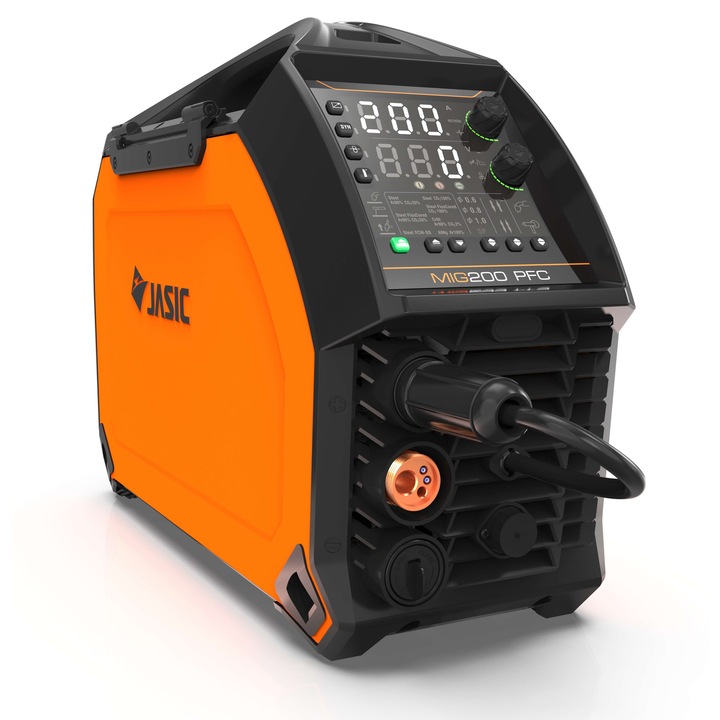 Invertor de sudura multiproces industrial Jasic 53273 EVO20 MIG 200 PFC N2S62, MIG/TIG/MMA, 200 A, 230 V, 1.6 - 3.2 mm electrod, pistolet Mig Mag 150 A, cablu cu cleste de masa