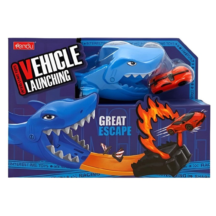 Cápa alakú autókészlet, pályával és kaszkadőr körrel, kék, 30x20cm