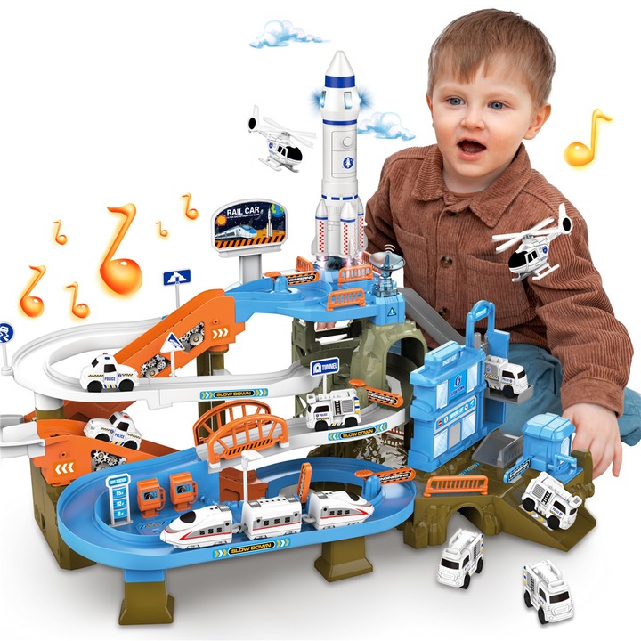 Set de Joaca Pista si Parcare Jucarie Interactiva DIY Pentru Copii, MorFansi®, cu Muzica, 4 Etaje, Educativ si Distractiv, Montessori STEM, 65 x 35 x 41.5 CM, 3 ani+, Spatiu, Alb