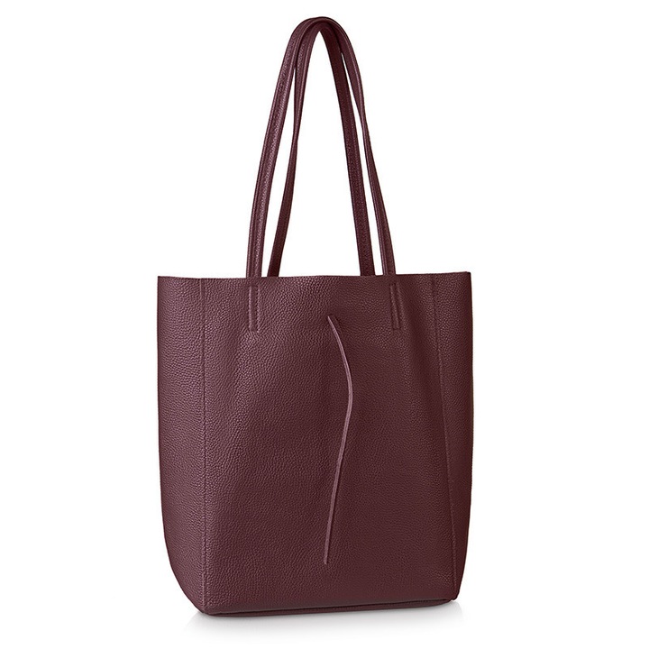 Női shopper táska Betlewski Tessa, valódi bőr, bordó, nagy méret, 2 vállpánttal, 12 × 40 × 36 cm