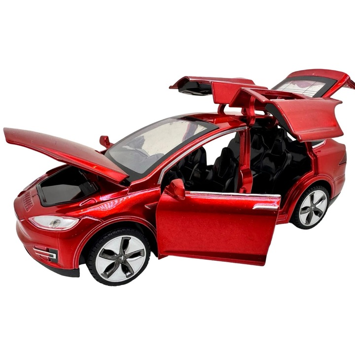 Piros Tesla Model X modell 1:32 fém replika fényekkel és hangokkal, "falcon" ajtók