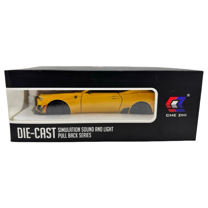 Chevrolet Camaro sárga modell 1:24 fények hangok pull back funkcionális ajtók motorháztető és csomagtartó
