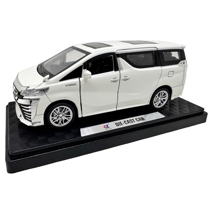 Modell Toyota Vellfire fehér 1:32 nyitható ajtók, mozgatható csomagtartó, visszahúzható, hang és fény