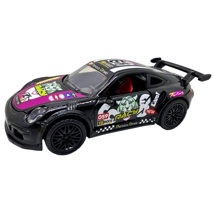 Fekete Porsche modell 1:43 fém, fényekkel és hangokkal, nyitható ajtók, visszahúzós
