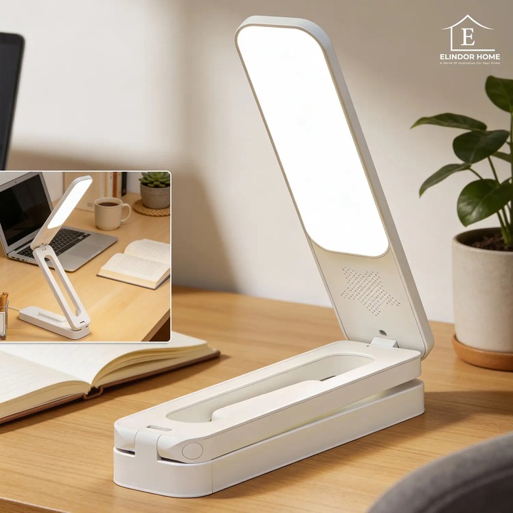 Lampa de Birou Elindor® Alba cu LED Integrat, Incarcare USB si cu Acumulator, 3 Moduri Lumina Camera Rece/Cald, Comanda prin Buton, Veioza Pliabila cu Brat Reglabil, Compacta si Portabila, pentru Birou, Dormitor, Hol, Living, 21 × 42 × 5 cm
