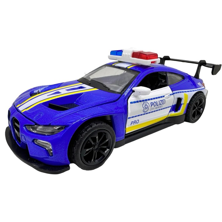 Macheta BMW M4 albastru Politie Sport 1:28 metal lumini si sunete deschide usile