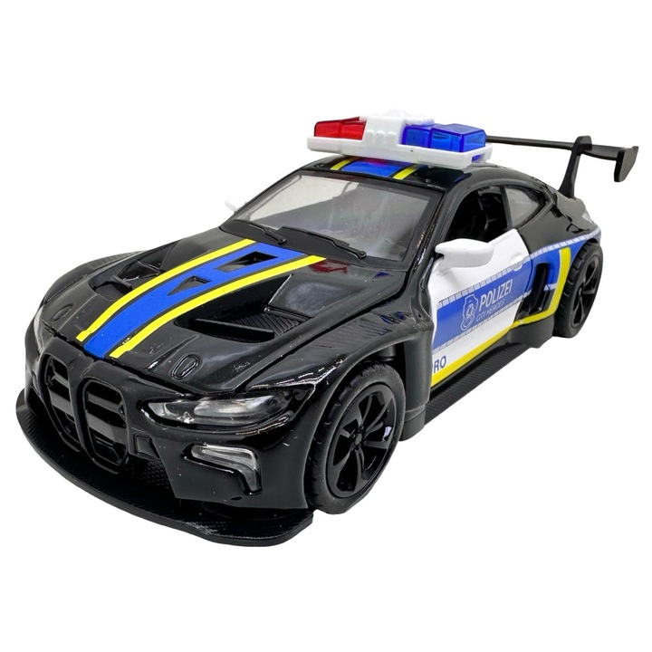 Macheta BMW M4 negru Politie Sport 1:28 metal lumini si sunete deschide usile
