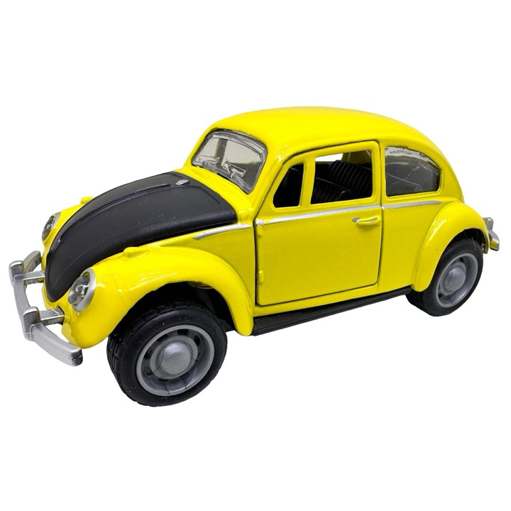 Macheta Volkswagen Beetle galbena 1:36 metal model pull back usi functionale sunet si lumini